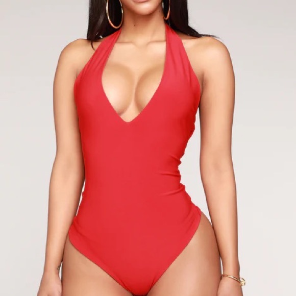 Fashion Nova Tops - 💥Fashion Nova Tokoyo Deep Halter Neck Red Bodysuit💥